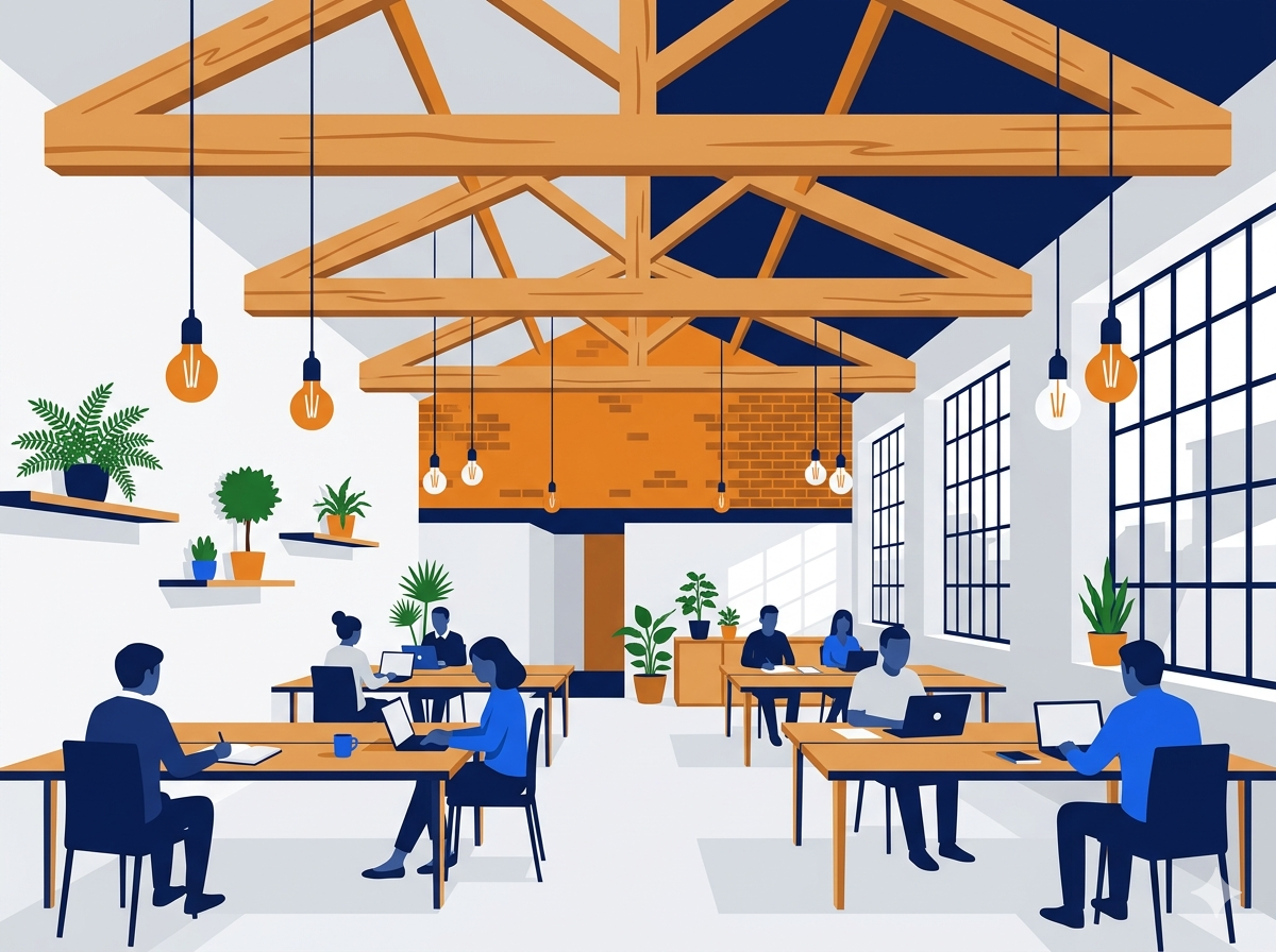Intérieur de Cowork'it — ancienne menuiserie réhabilitée en espace de coworking à Clermont-Ferrand